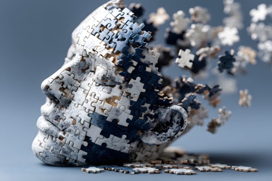 Trójwymiarowa rzeźba twarzy z puzzli symbolizuje złożoność problemów związanych z uzależnieniami i polecane miejsca leczenia uzależnień.